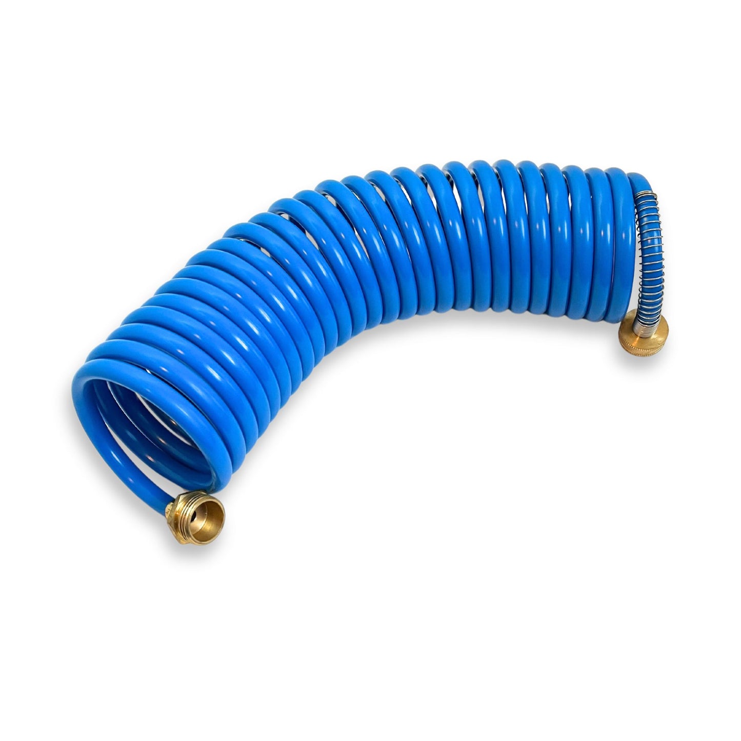 25 foot blue coiled washdown hose for boat cleaning.