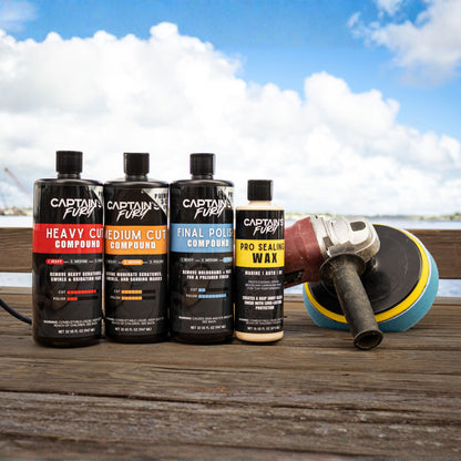 Captain's Fury 4-Step Boat Restoration Kit on dock.