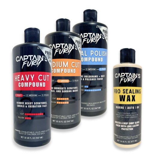 Captain's Fury 4-Step Surface Restoration Kit with cutting compounds and sealing wax.