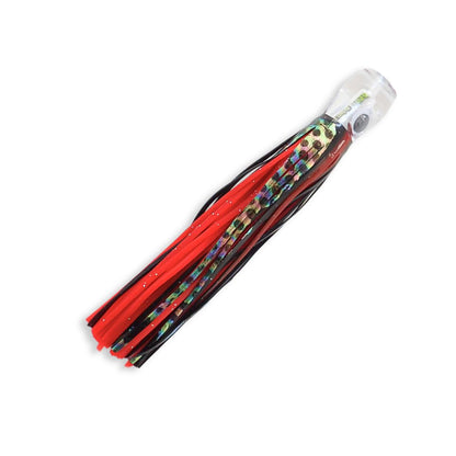 6-1/2" Red & Black Splash Master Trolling Lure with Flash Stripes for offshore fishing.