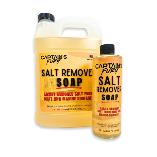 Captain's Fury Salt Remover Soap for boats and marine in gallon and 16oz sizes.