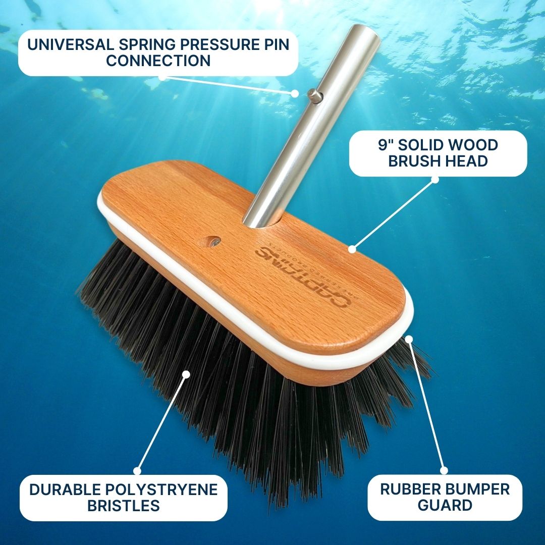 Features of Captains Hard Bristle Boat Brush with black bristles.