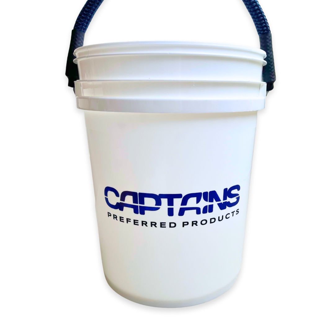 Captains' premium 5 Gallon Bucket held by thick rope handle.