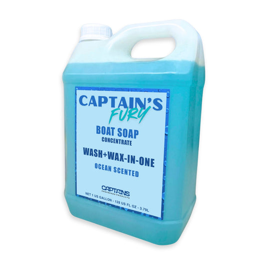 Captain's Fury boat soap wash and wax for boat cleaning one gallon bottle.