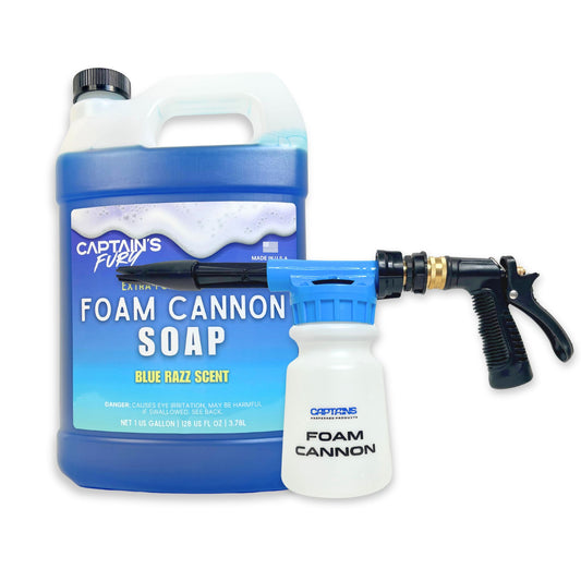 A foam cannon and gallon bottle of foam cannon soap by Captains Preferred Products.