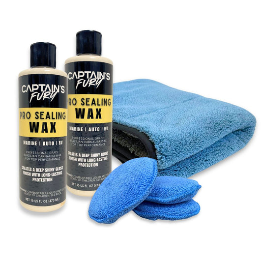 Captain's Fury Wax and Shine finishing kit for boat waxing.