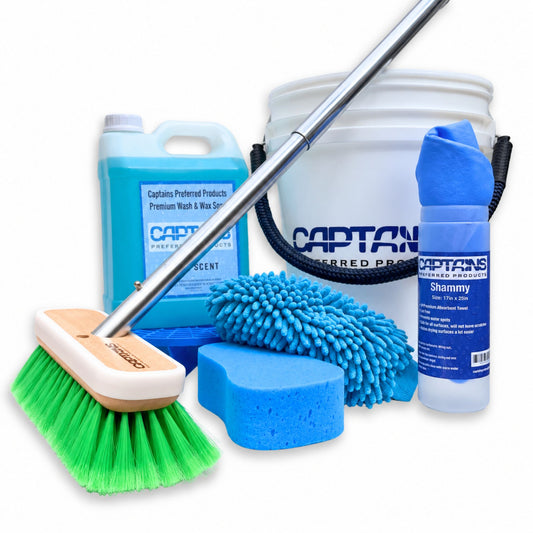 The All Around Boat Cleaning Kit including a green boat brush, bucket, soap, shammy and more.