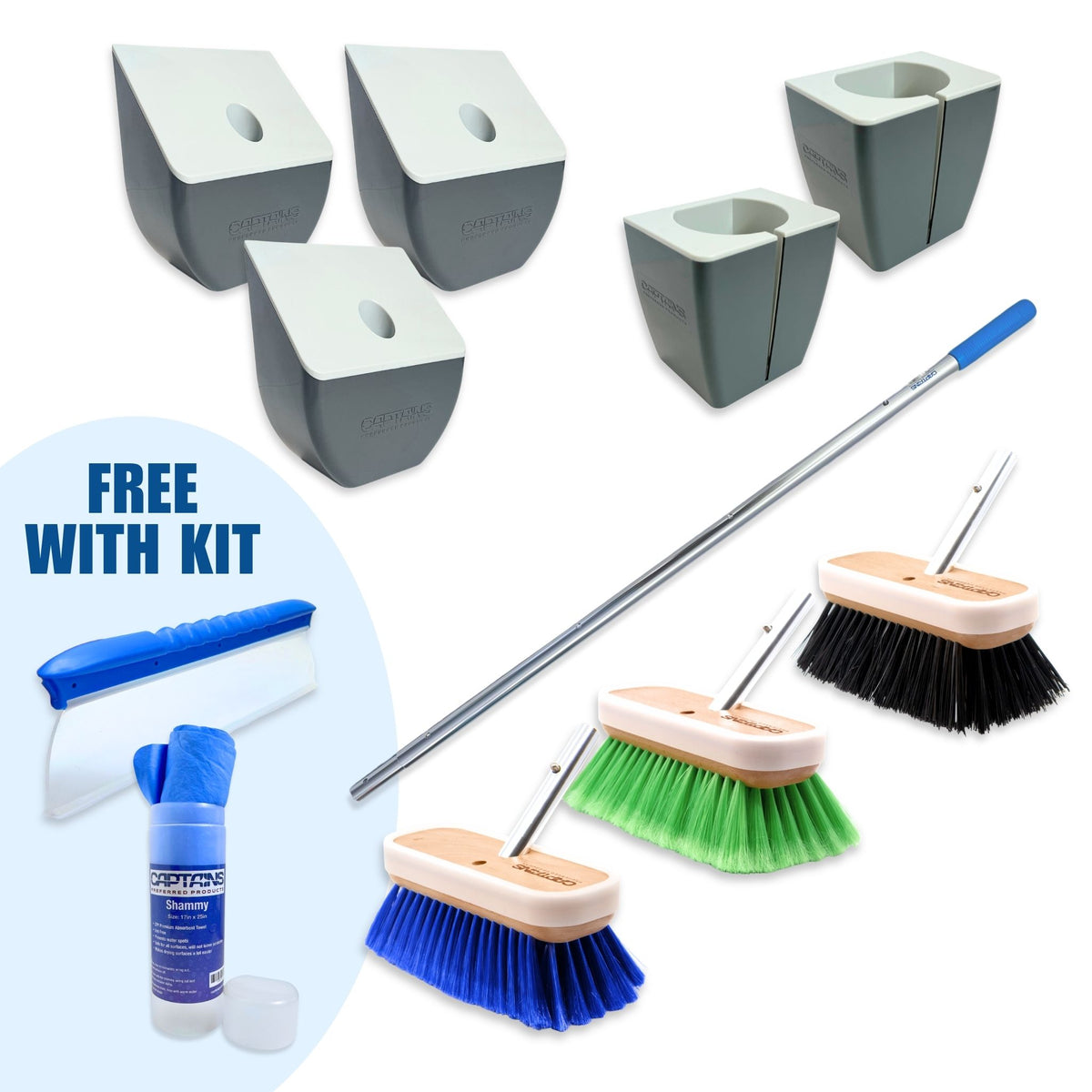 All the items of the Complete Boat Care & Storage Kit including three boat brushes, a handle, 5 TidyBoat organizers, plus a free shammy and water blade. 