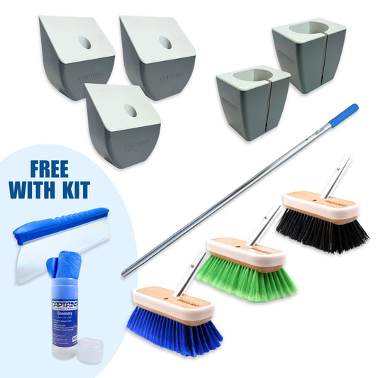 All the items of the Complete Boat Care & Storage Kit including three boat brushes, a handle, 5 TidyBoat organizers, plus a free shammy and water blade. 