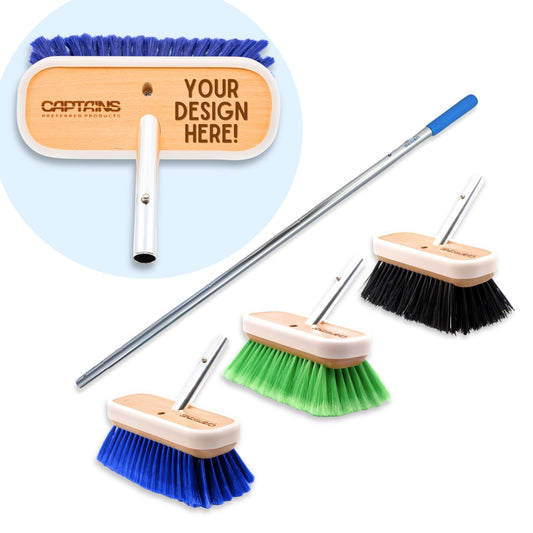 The customizable three boat brush kit by Captains Preferred which allows you to add your design to all the boat brush heads and includes a 6ft telescoping handle.