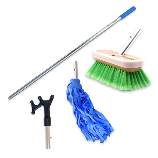 The four products in a dock and detail kit including a green medium brush head, a 6ft telescoping handle, a boat hook attachment, and a chamois mop head.