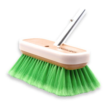 A green bristle boat brush with a light wood head, full-coverage white bumper, and a silver metal connector, shown on a plain white background.