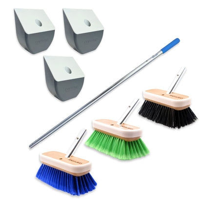 The Total Boat Brush and Storage Kit from Captains Preferred Products which includes three boat brushes, a handle, and three TidyBoat organizers.