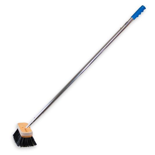 A black hard-bristled boat brush on a 6ft telescoping handle from Captains Preferred Products.
