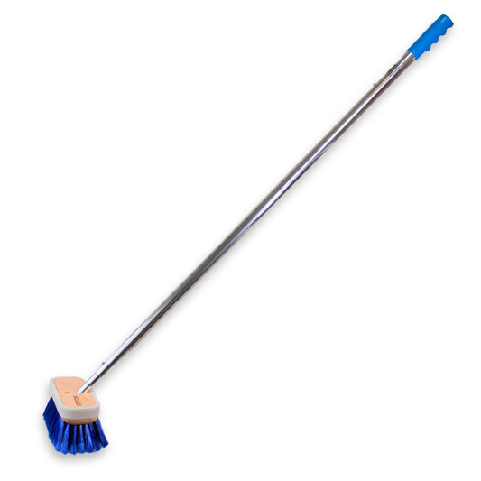 A blue super-soft-bristled boat brush on a 6ft telescoping handle from Captains Preferred Products.