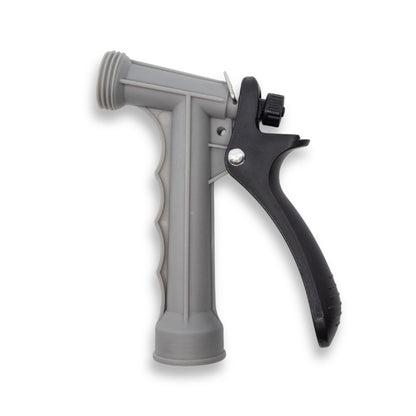 Side view of a gray hose nozzle for boats.