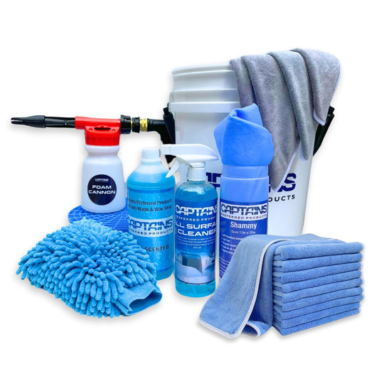 Boat cleaning kit with foam cannon and supplies.