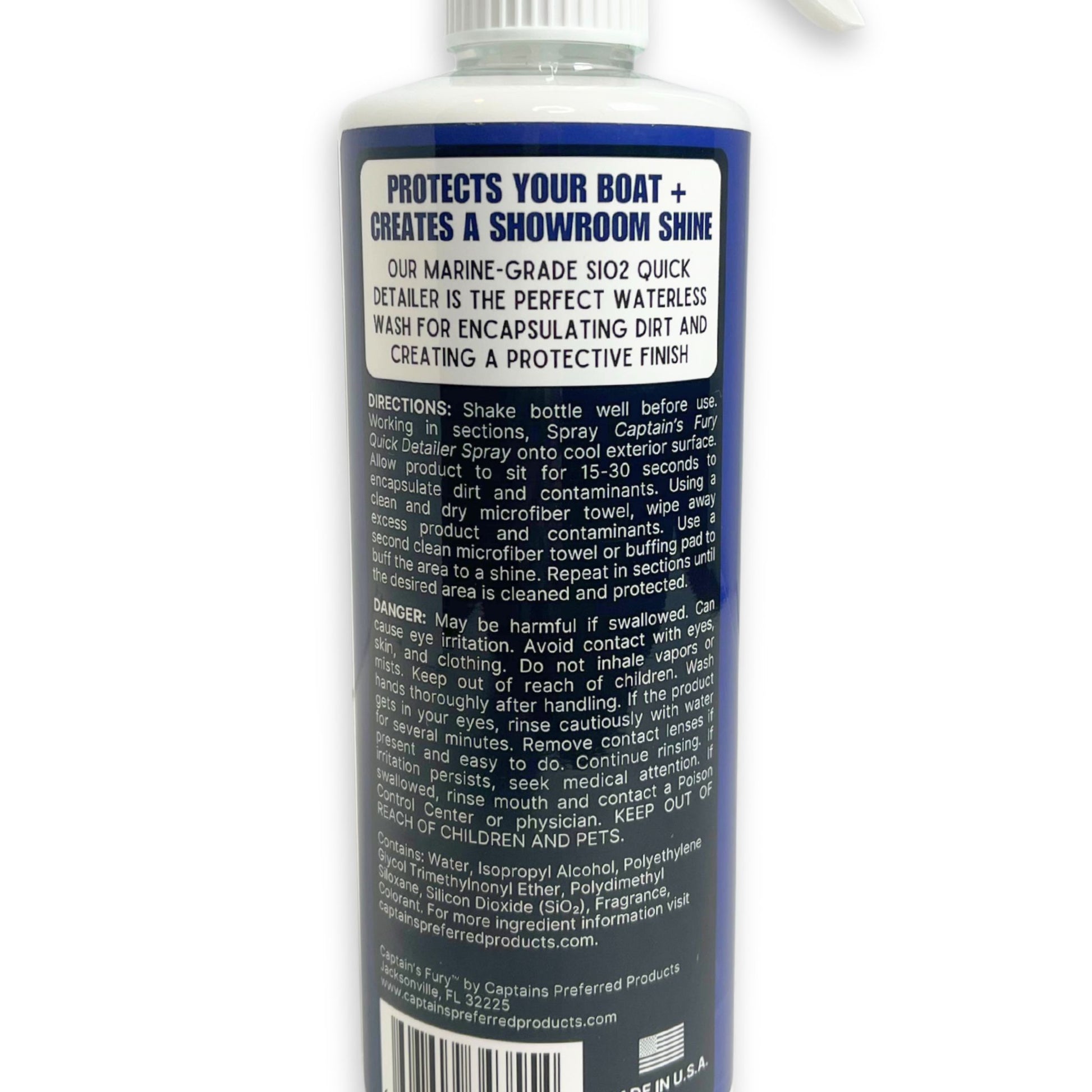 Back of quick detailer spray bottle by Captain's Fury.