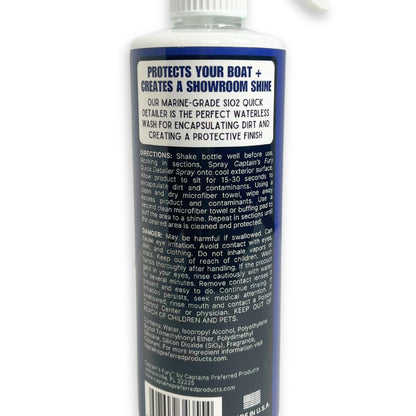 Back of quick detailer spray bottle by Captain's Fury.