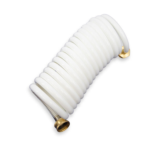 White coiled washdown hose for boats in 15ft length.