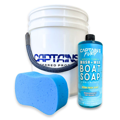 Basic boat cleaning kit with bucket, soap, and sponge.