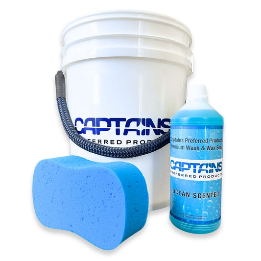 Basic boat cleaning kit with bucket and boat soap.