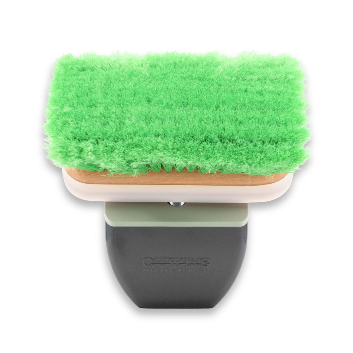 Front view of a TidyBoat brush head organizer with a green brush head inside.