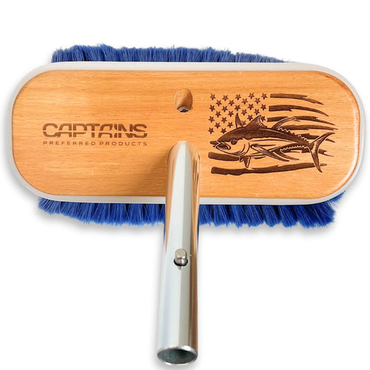 A boat brush with custom tuna and American flag design.