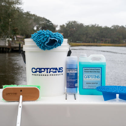 Captains' most popular boat cleaning kit displayed on the transom of a boat.