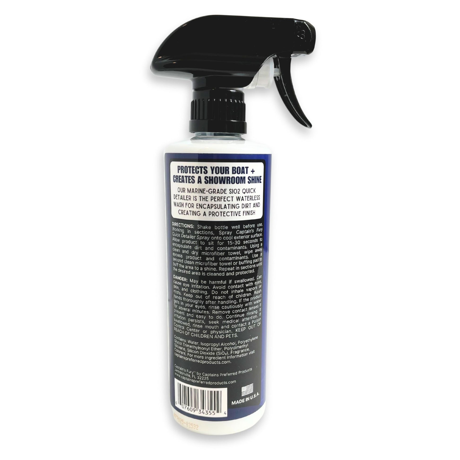 Back of label of Captain's Fury Quick Detailer Spray.