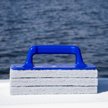 Three interchangeable scrub pad for boat cleaning.