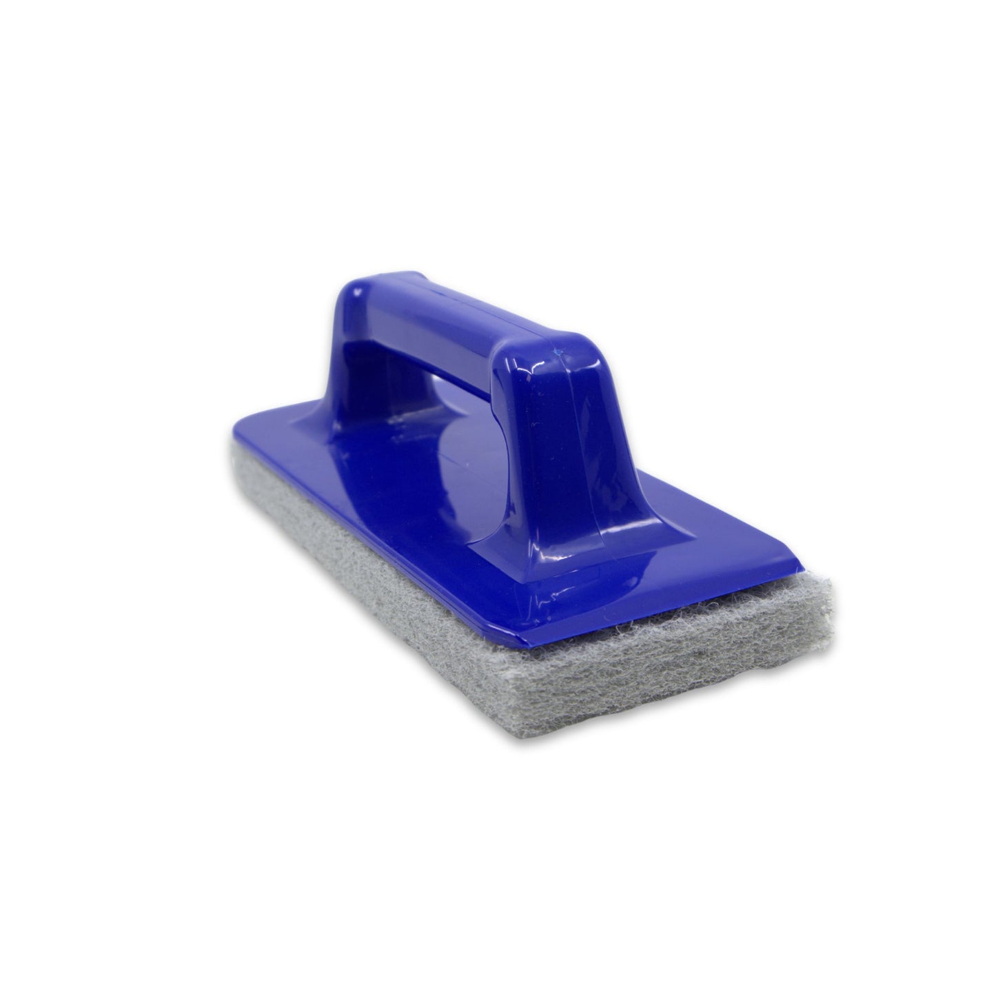 A scrubber for cleaning boats with a blue handle and gray pad.