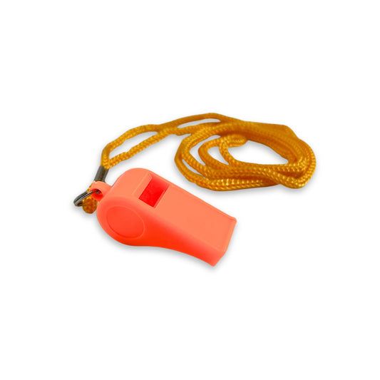 Orange boat safety whistle with yellow lanyard.