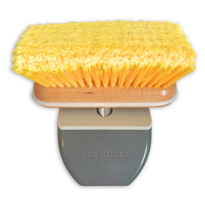 A yellow boat brush in a brush organizer for boat lockers and storage.