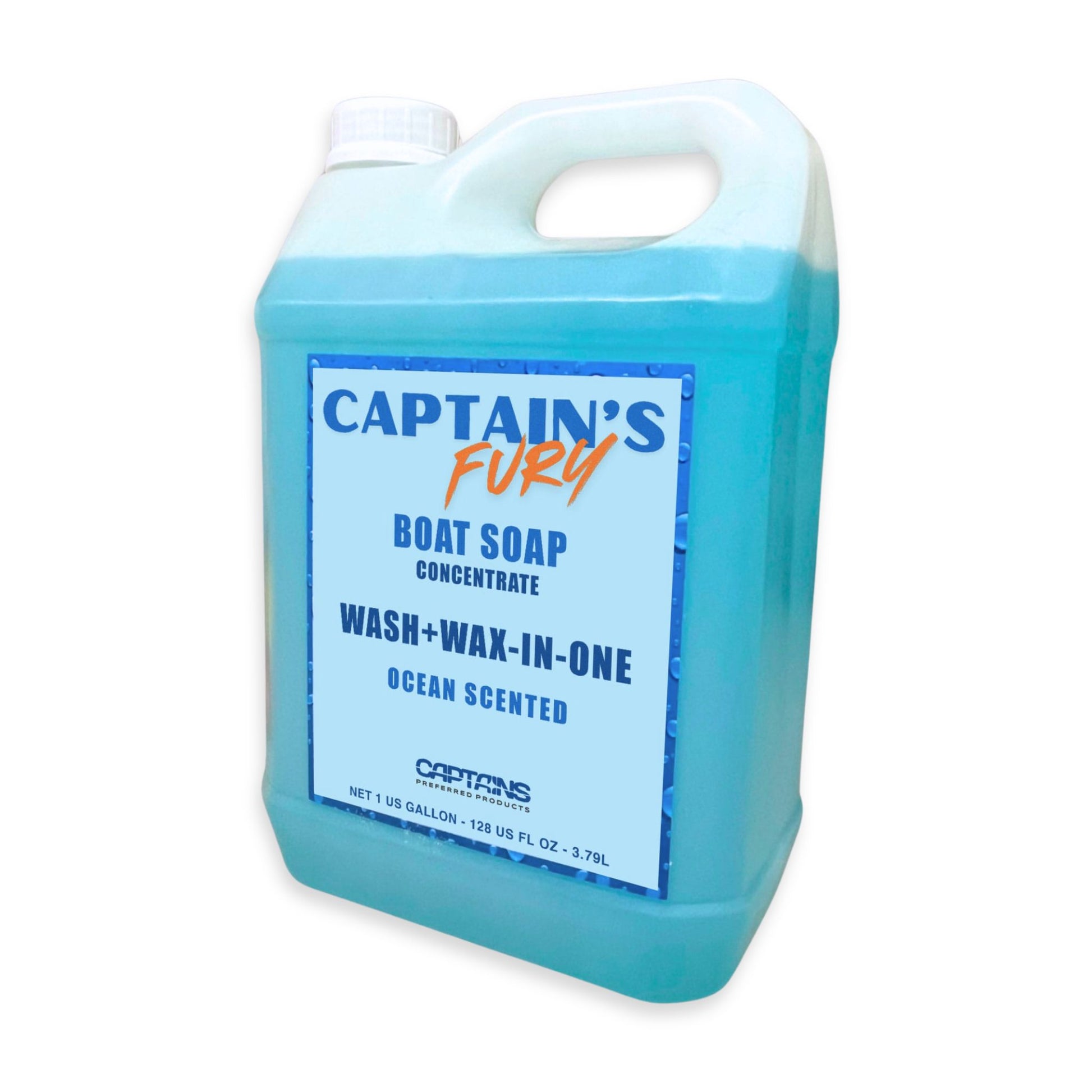 Captain's Fury boat soap wash and wax for boat cleaning one gallon bottle.