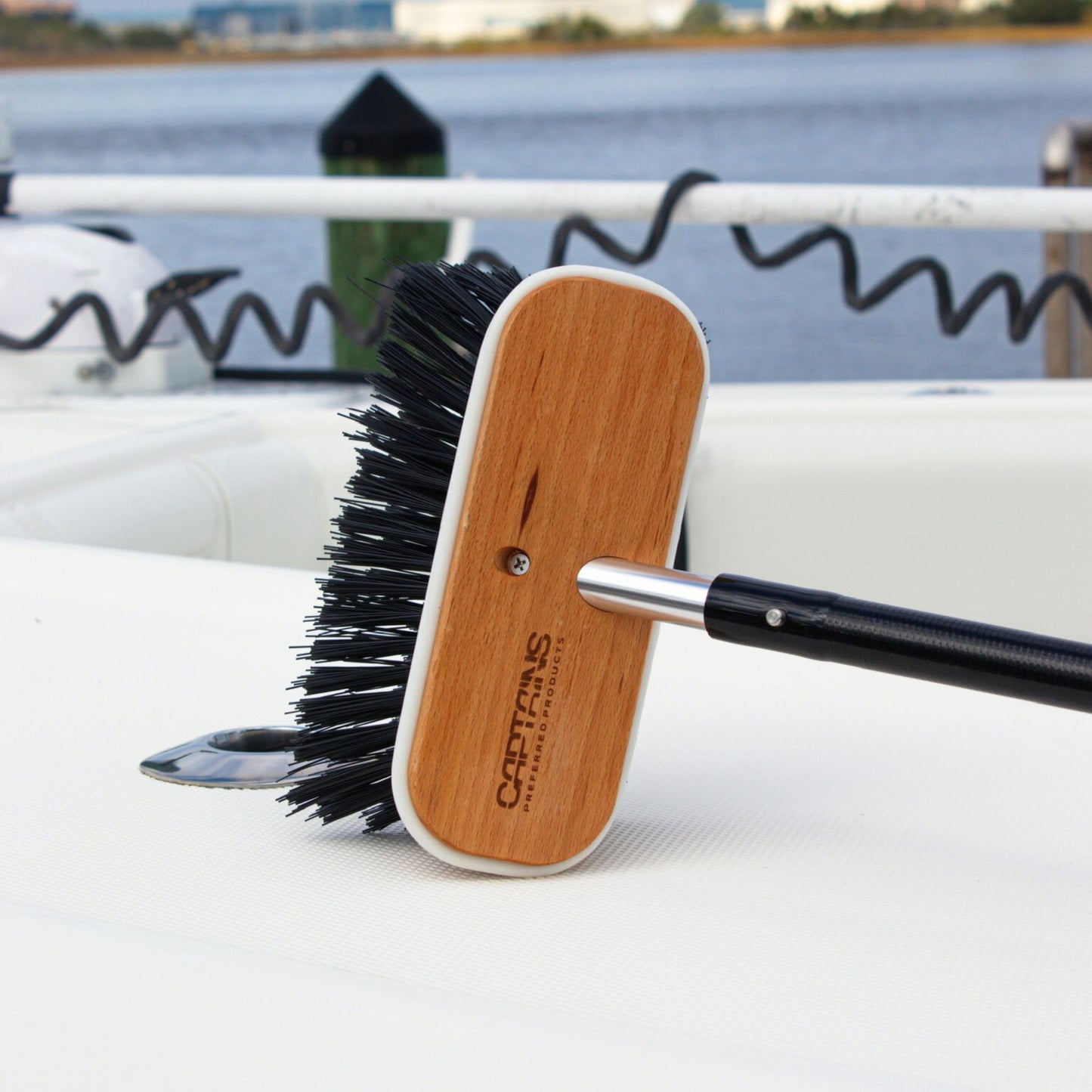 Captains Preferred boat brush attached to end of our carbon fiber boat pole.