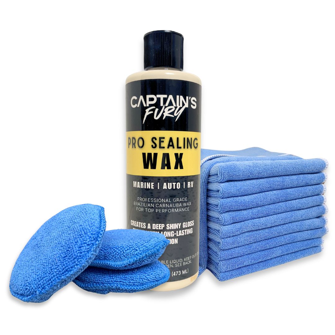 Captain's Fury Wax and Shine kit with Pro Sealing wax, applicator pads, and microfiber cloths.
