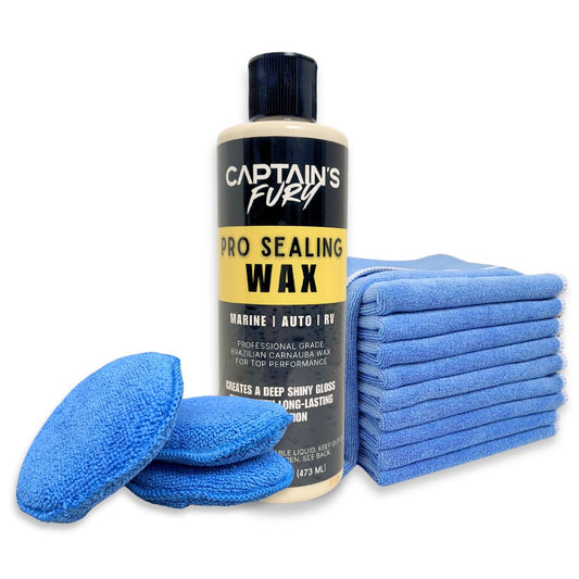 Captain's Fury Wax and Shine kit with Pro Sealing wax, applicator pads, and microfiber cloths.