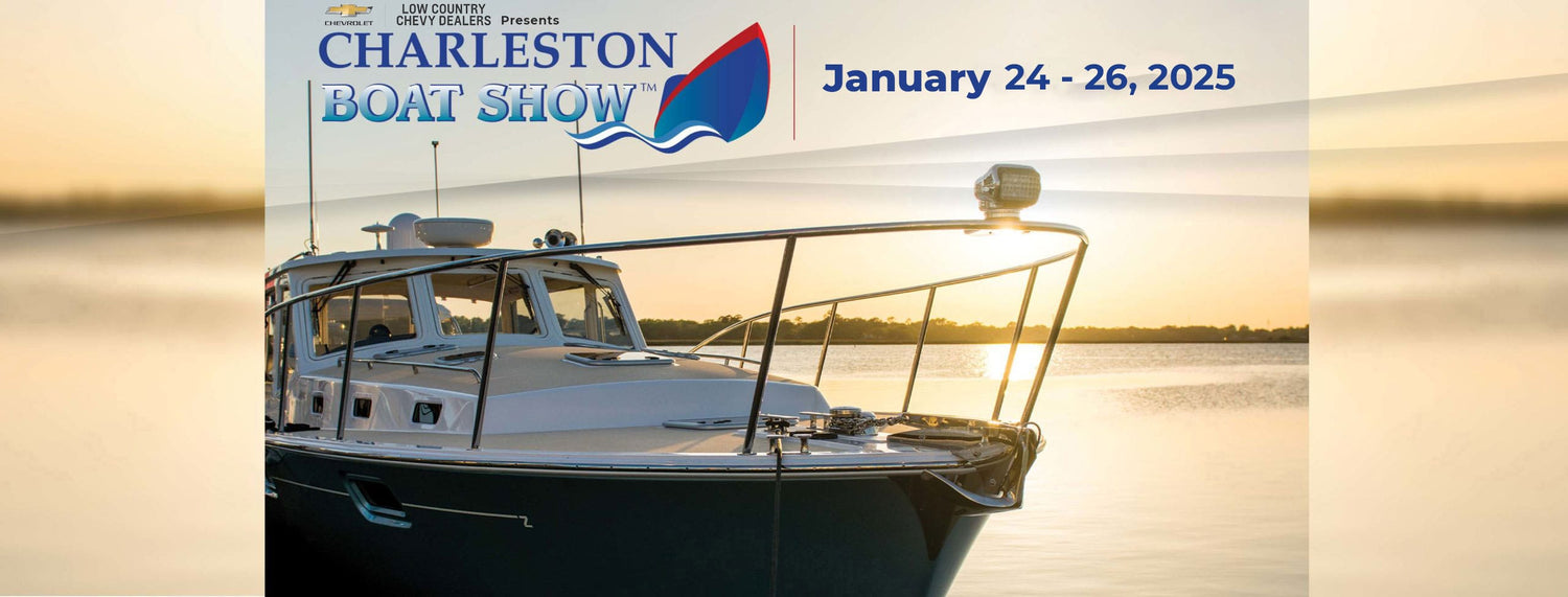 The Charleston Boat Show 2025 banner with a boat and sunset in background, January 24-26, 2025.