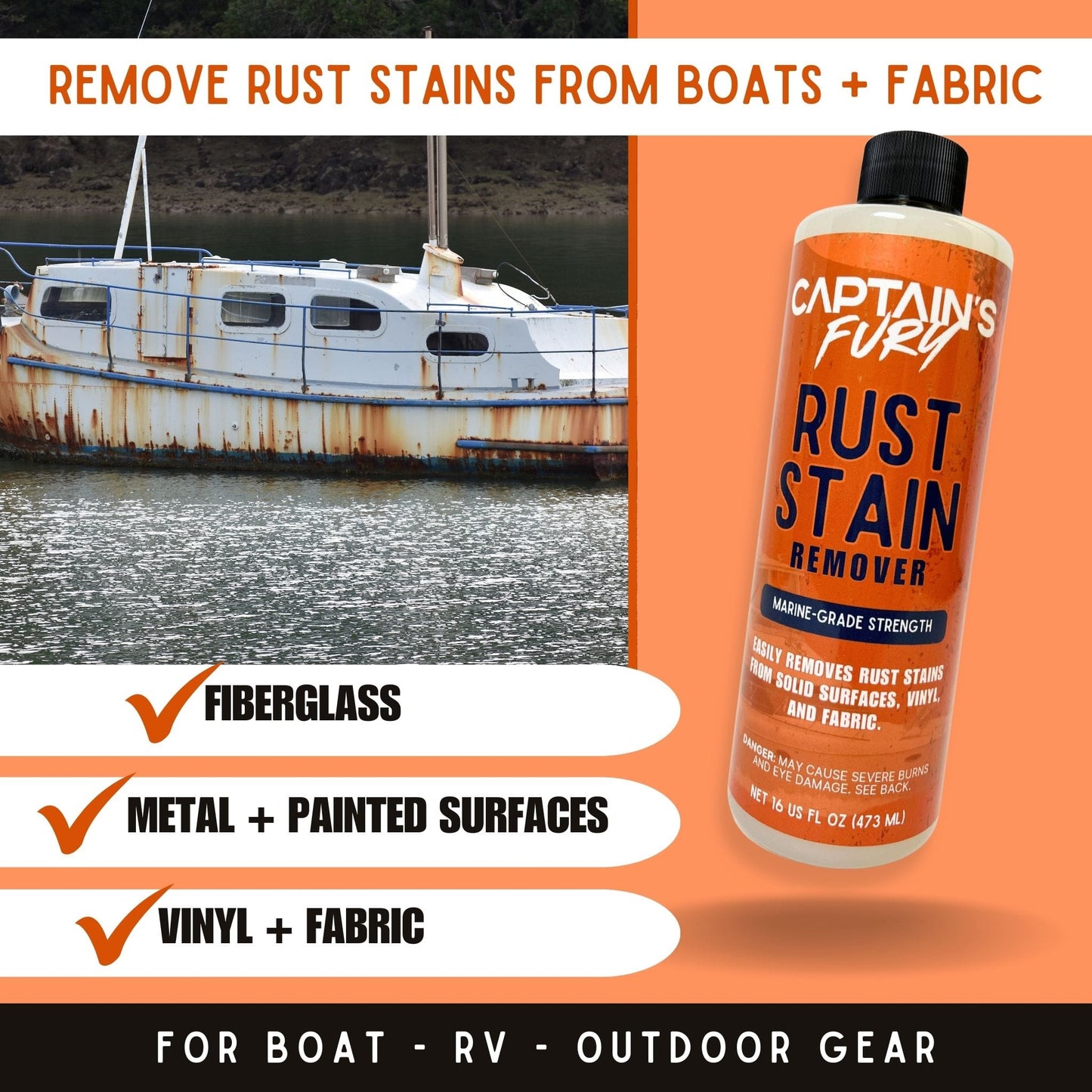 Boat rust stain remover for fiberglass, metal, fabric, and more.