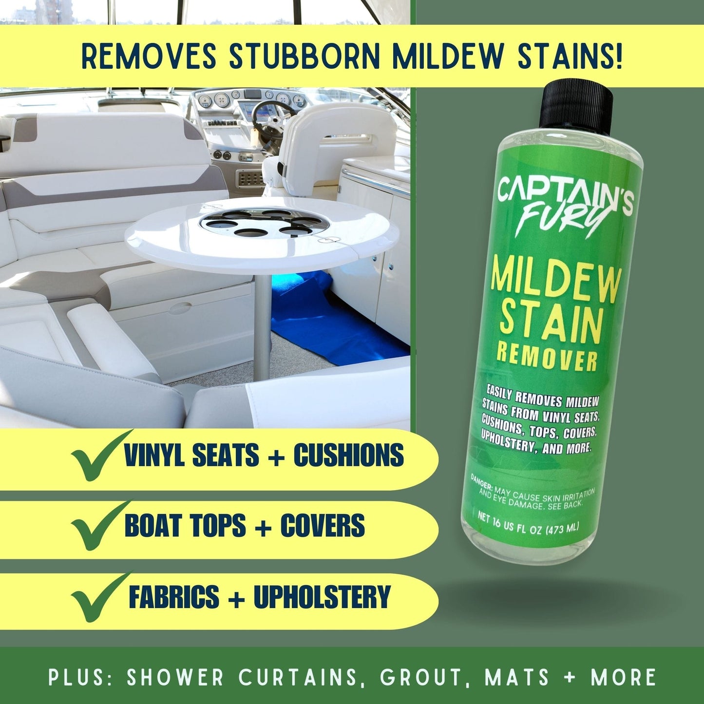 Boat mildew stain remover for vinyl seats cushions and more.