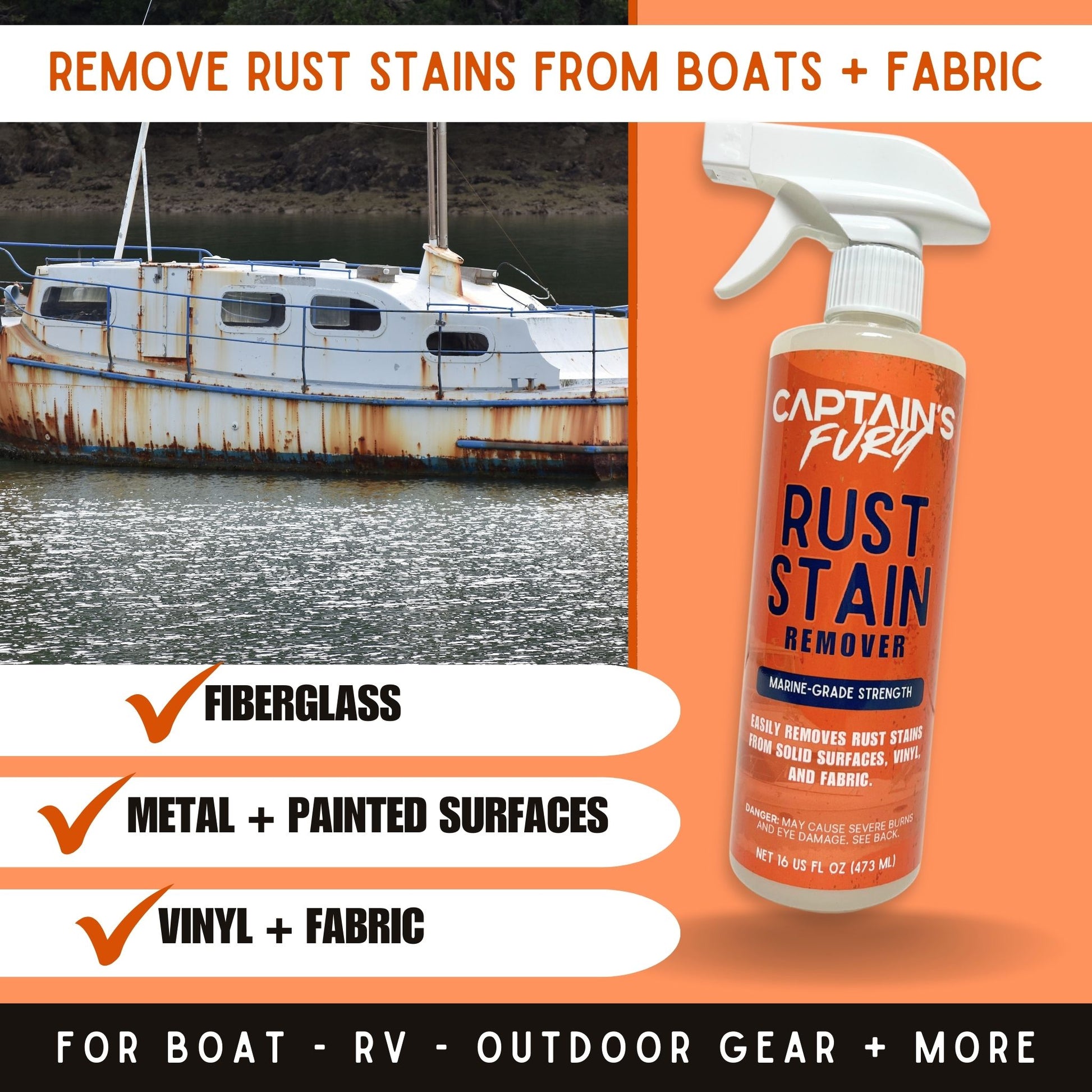 Remove rust stains from boats and fabric.