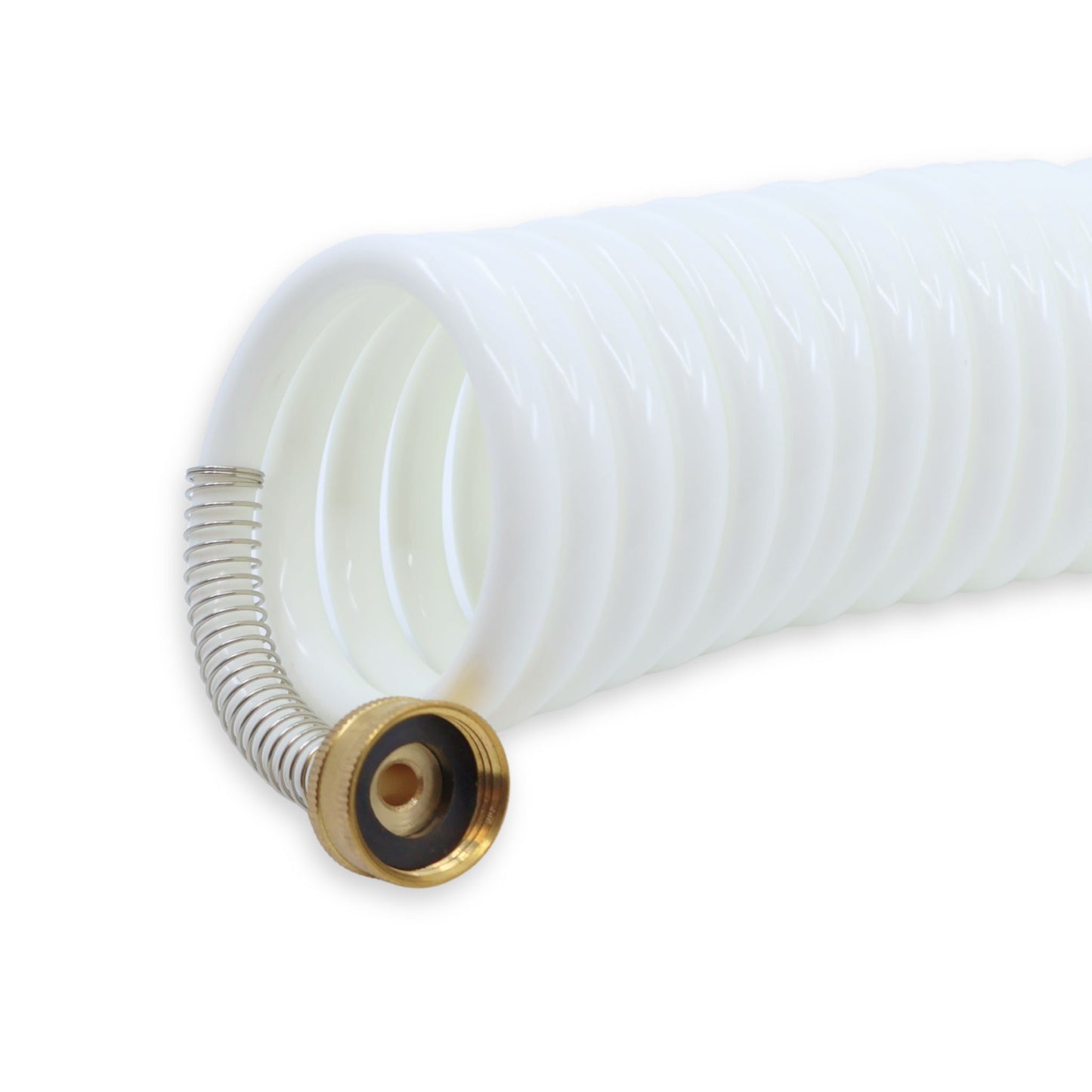 White coiled washdown hose with brass connections.