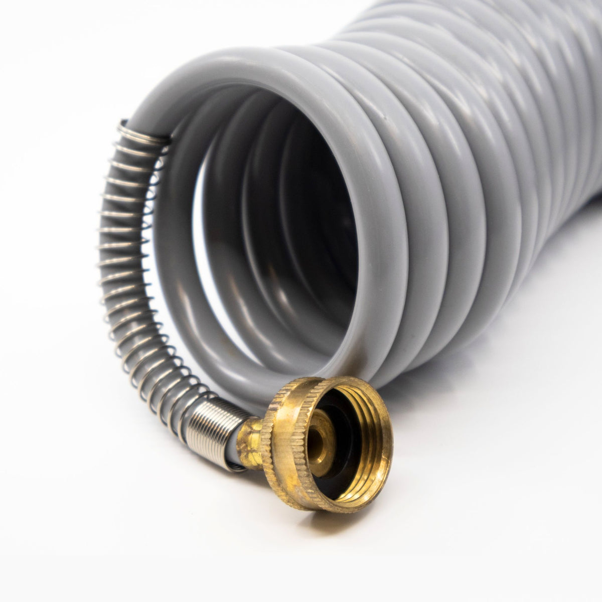 The female end of a gray washdown hose.