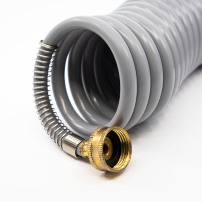 The female end of a gray washdown hose.