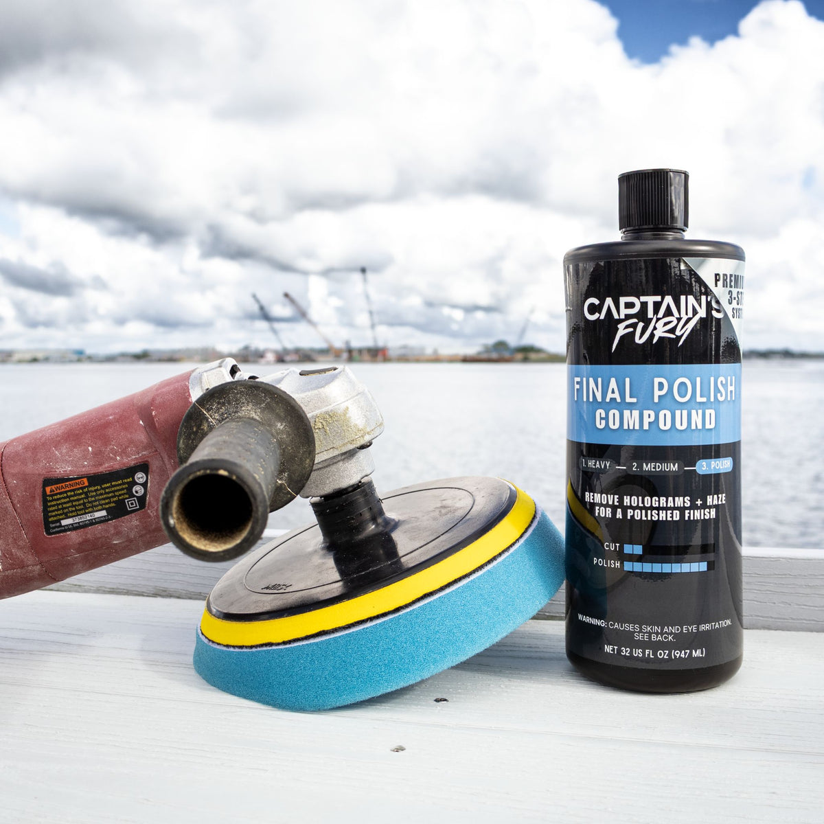 Captain's Fury Final Polish Compound for boat finishes.