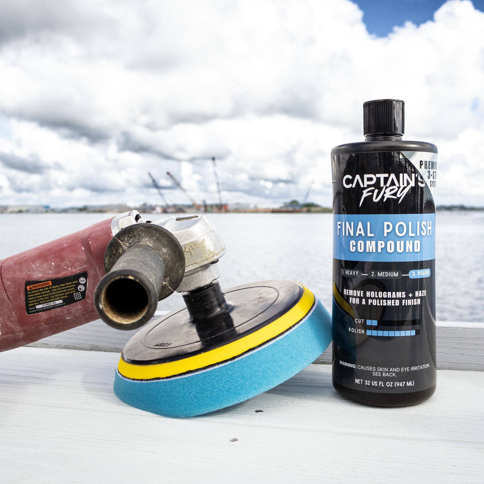 Captain's Fury Final Polish Compound for boat finishes.