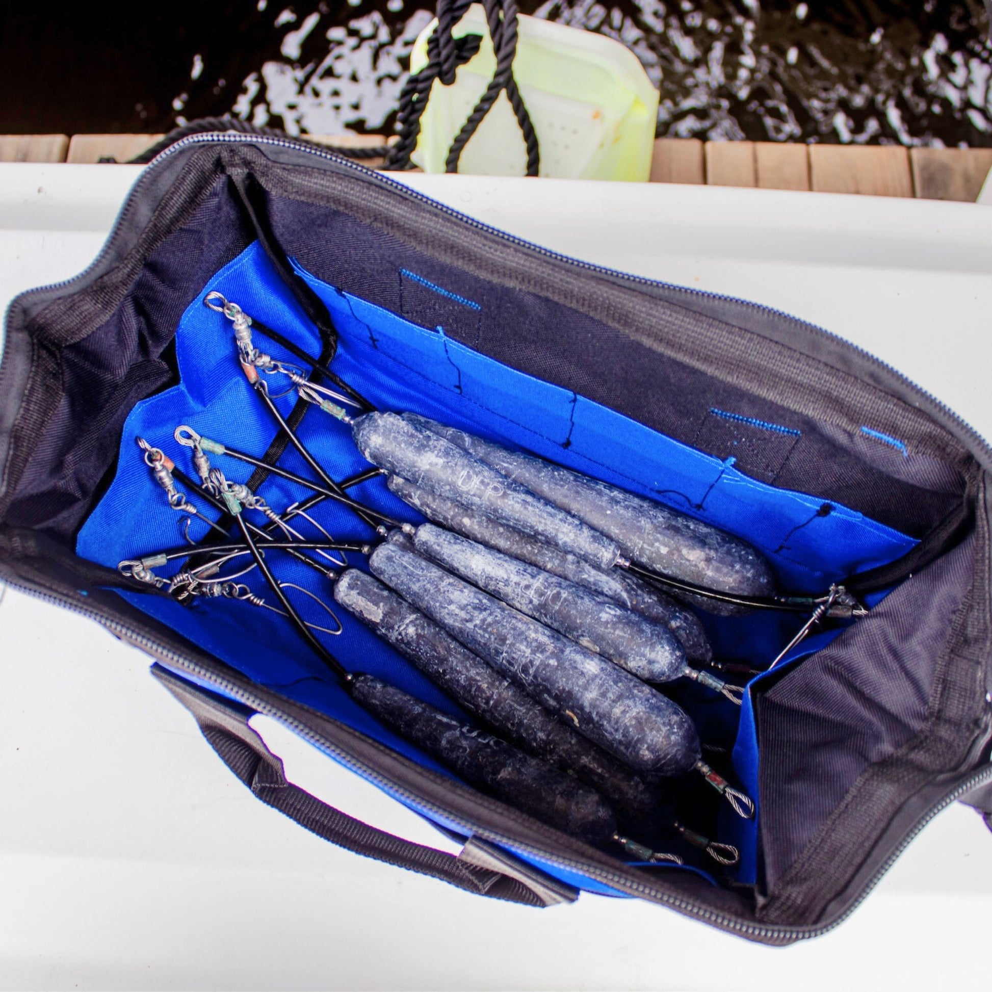 A fishing bag full of heavy lead weights.