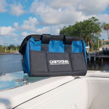 A fishing weight lead bag sitting on the transom of a boat.