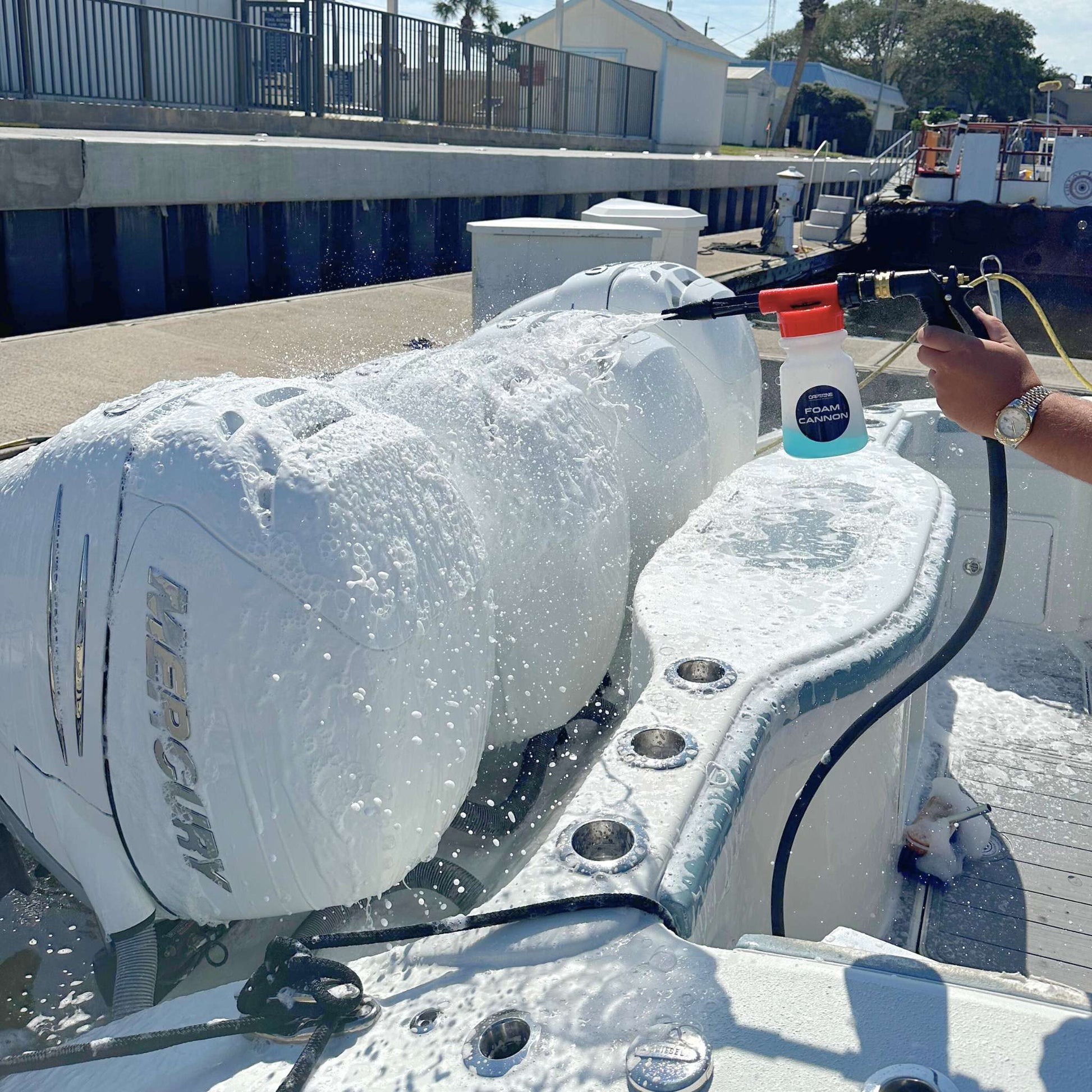 A foam cannon for hose spraying soapy foam on boat cowlings.